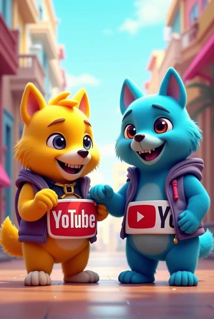 A yellow humanized dog with a blue humanized dog next to him promoting his Youtube and Tiktok channel