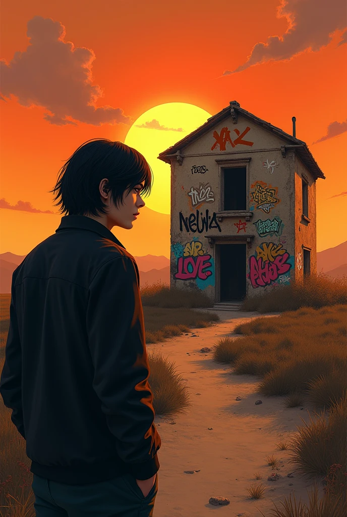 (photorealism:1.2), Black haired man looking back at an abandoned building with graffiti in an orange sunset