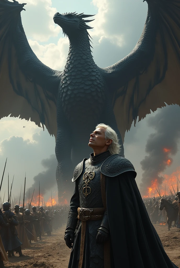 Create a detailed image of Aegon Targaryen on the battlefield and with his fire-breathing black dragon flying in the sky