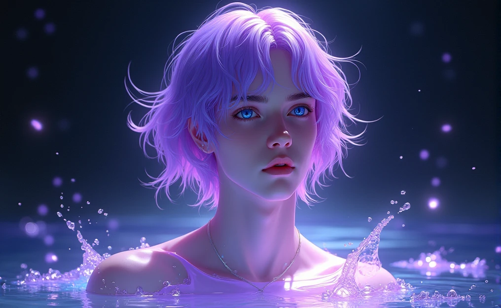 Shows a young man with delicate AND androgynous features. The man has pale and smooth skin watching at us, with a serene and dreamy expression. His eyes are an intense and bright blue, with a look that seems lost in deep thoughts. The young man hair is short, flowing, and a bright purple that appears to be made of liquid light. It is soaked and falls in clumps that blend into the background, giving a sense of movement and fluidity. There is an ethereal lighting effect surrounding the young man. Flashes of purple and white light spread across the image, as if the person is surrounded by water or some kind of magical energy. Light reflections on the skin and hair reinforce this feeling that the boy is made of a liquid or crystalline material. The background is dark, which makes the light effects stand out even more. There is a play of light and shadow that adds depth and mystery to the scene. The style is very detailed and realistic, with a fantastic touch. The use of cool colors and lighting effects creates a dreamy and otherworldly atmosphere.