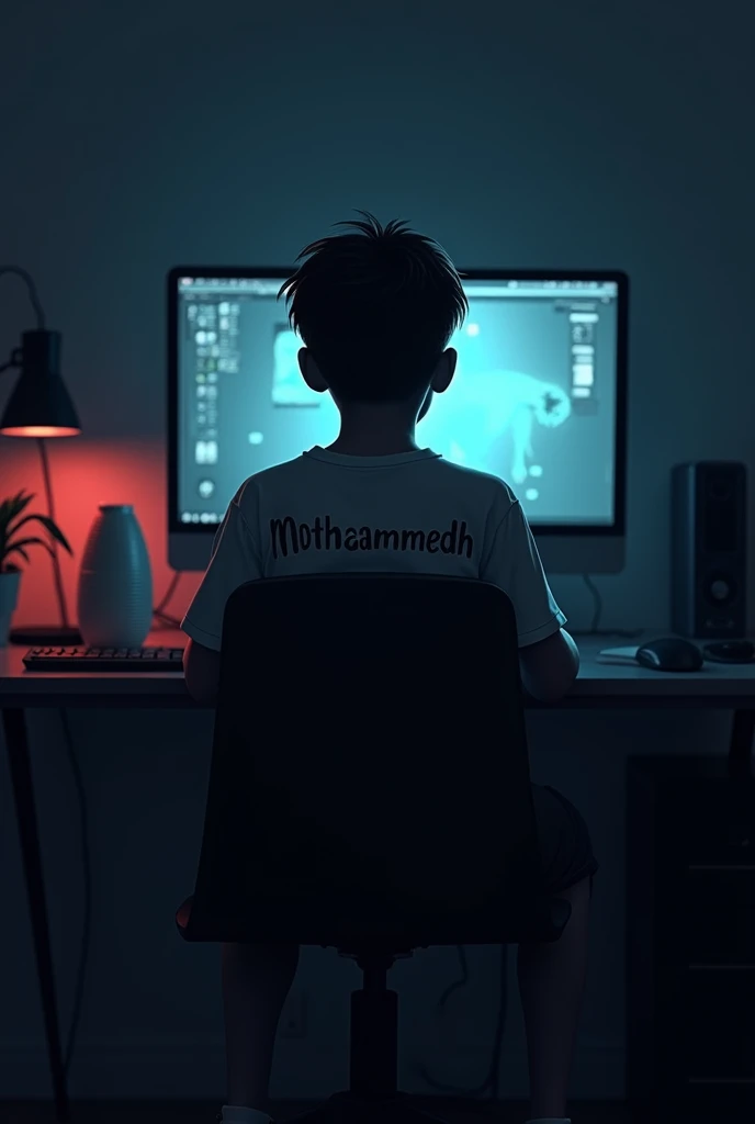 Dark theme a boy siting on chair on her chair her t shirt back name is " mohammedh " he playing games on her pc