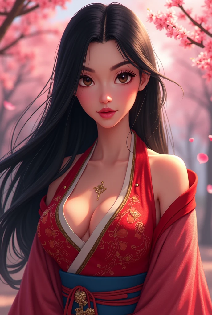 (Best Quality,4k,High resolution),(realist:1.37),Portrait of Mulan in a sexy pose,wearing a dazzling and provocative kimono,exuding confidence and power,with a seductive expression on her face,His eyes shine with determination and courage,her full and seductive lips,her long black hair waving in the wind,her feminine beauty emphasized by detailed features,her flawless and radiant skin,her curvy and toned body,highlighting her sensuality,Their traditional attire adorned with intricate patterns and vibrant colors,Showing the elegance of the kimono,against the backdrop of a cherry blossom garden, The petals fall gently in the air.,creating a romantic and charming atmosphere,Soft, natural lighting that illuminates your face and figure.,giving a warm and intimate feel to the portrait,rich and vibrant colors,Enhance the visual impact of the artwork,creating a visually stunning and captivating masterpiece.