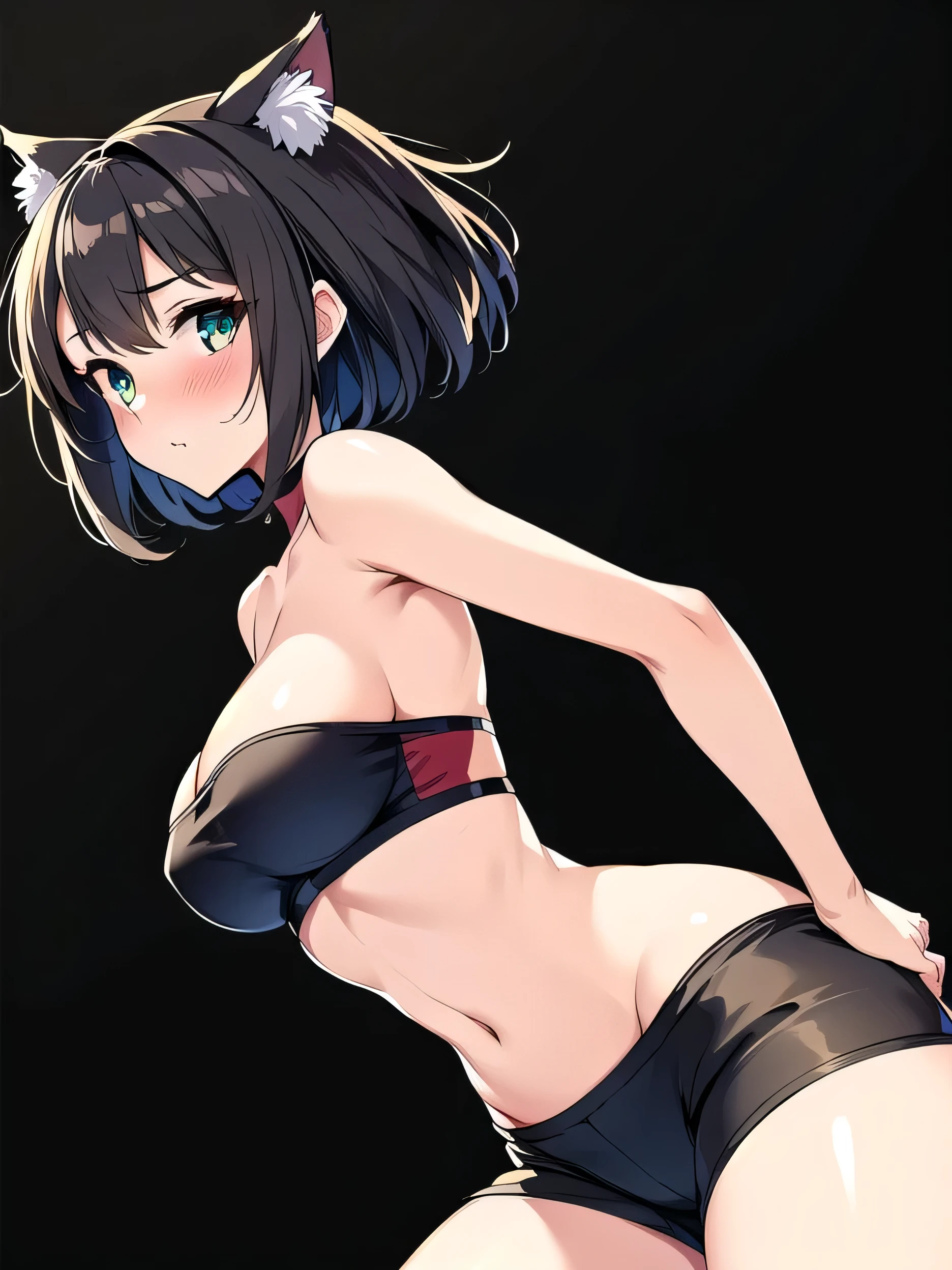 all intricate details, woman, kitten pose, cat ears, short hair, perfect hands, perfect fingers, perfect body, sensual cleavage, medium breasts, red shirt, wearing tight black shorts, sexy shorts, vinyl shorts, Ultra HD, image 4k, best image quality, (fidelity: 1.4), photoreal, light green eyes, eyelashes, beautiful pupil, shadows, slight blush, delicate facial features, reasonable facial features, exposed waist, natural sexy pose, random front angle, all black background