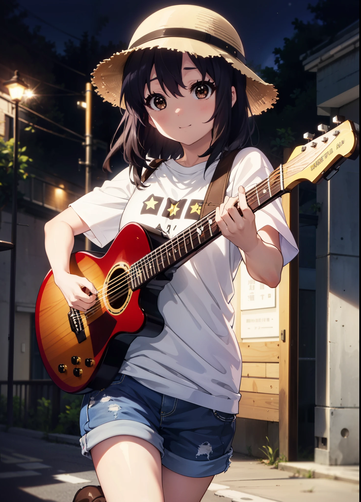 meet, Azusa Nakano, Black Hair, (Brown eyes:1.5),Long Hair,Baseball hats,Oversized T-shirt,Short sleeve,denim,short boots,Instrument playing, Stage Performance, hot air,Happy atmosphere,スタンドマイクの前でguitarをを弾きながら熱唱,guitar(Red Mustang),On the forehead,Singing with your mouth open,smile,Street Performance,night,moonlight,whole bodyがイラストに入るように,
break outdoors, Building district,
break looking at viewer, whole body,
break (masterpiece:1.2), Highest quality, High resolution, unity 8k wallpaper, (figure:0.8), (Beautiful attention to detail:1.6), Highly detailed face, Perfect lighting, Highly detailed CG, (Perfect hands, Perfect Anatomy),