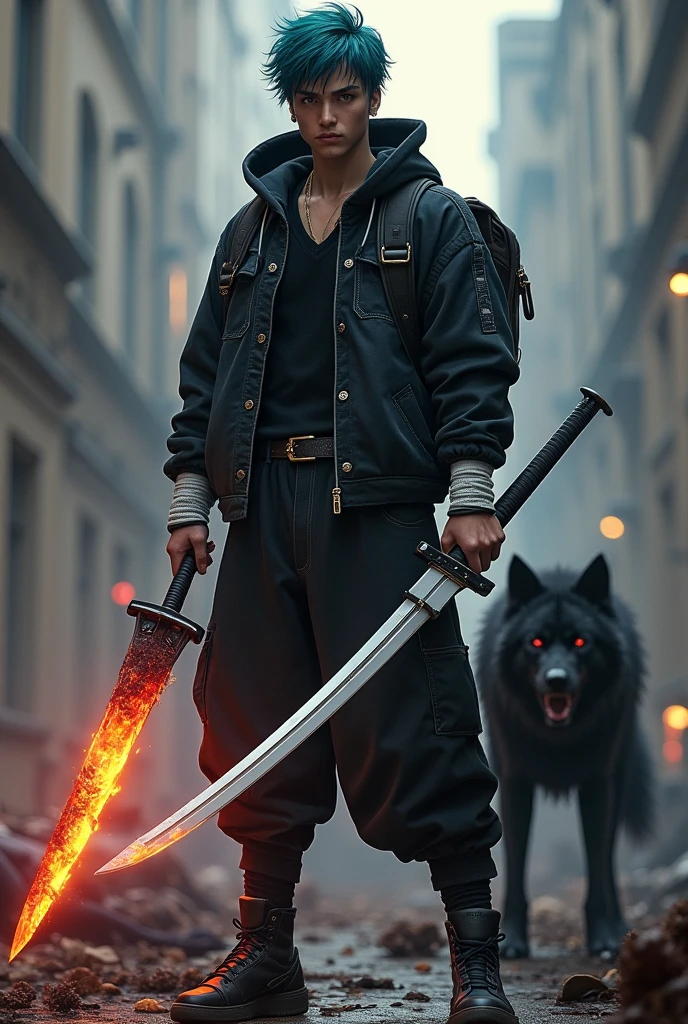 A tall 21 year old dark haired young man with electric blue hair and red eyes, a gold earring on his left ear, standing in a pile of bodies, wearing a black denim sweatshirt with a black shirt, black denim pants, black Jordan sneakers with white wristbands, a sword with fire in his left hand and a white katana with a black frame in his right hand., a backpack on his back and a black wolf with red eyes 



