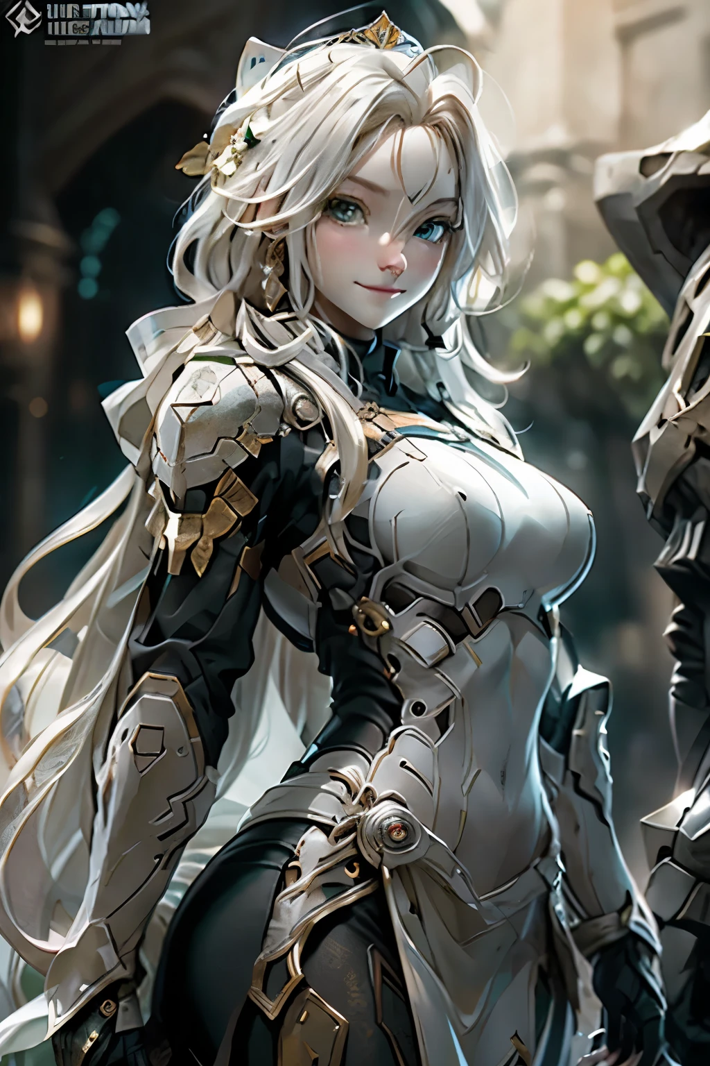 Ultra HD、Ultra-clear、White and beautiful translucent skin、Beautiful and well-proportioned face、Cute smile、Sagittarius Warrior、Cover your entire body in platinum armor、A holy knight in platinum armor、Golden Tiara、Platinum armor with ornate engravings covering the entire body、Heavy platinum armor、Translucent beautiful green eyes、Blonde、Big Breasts、Outer space background、