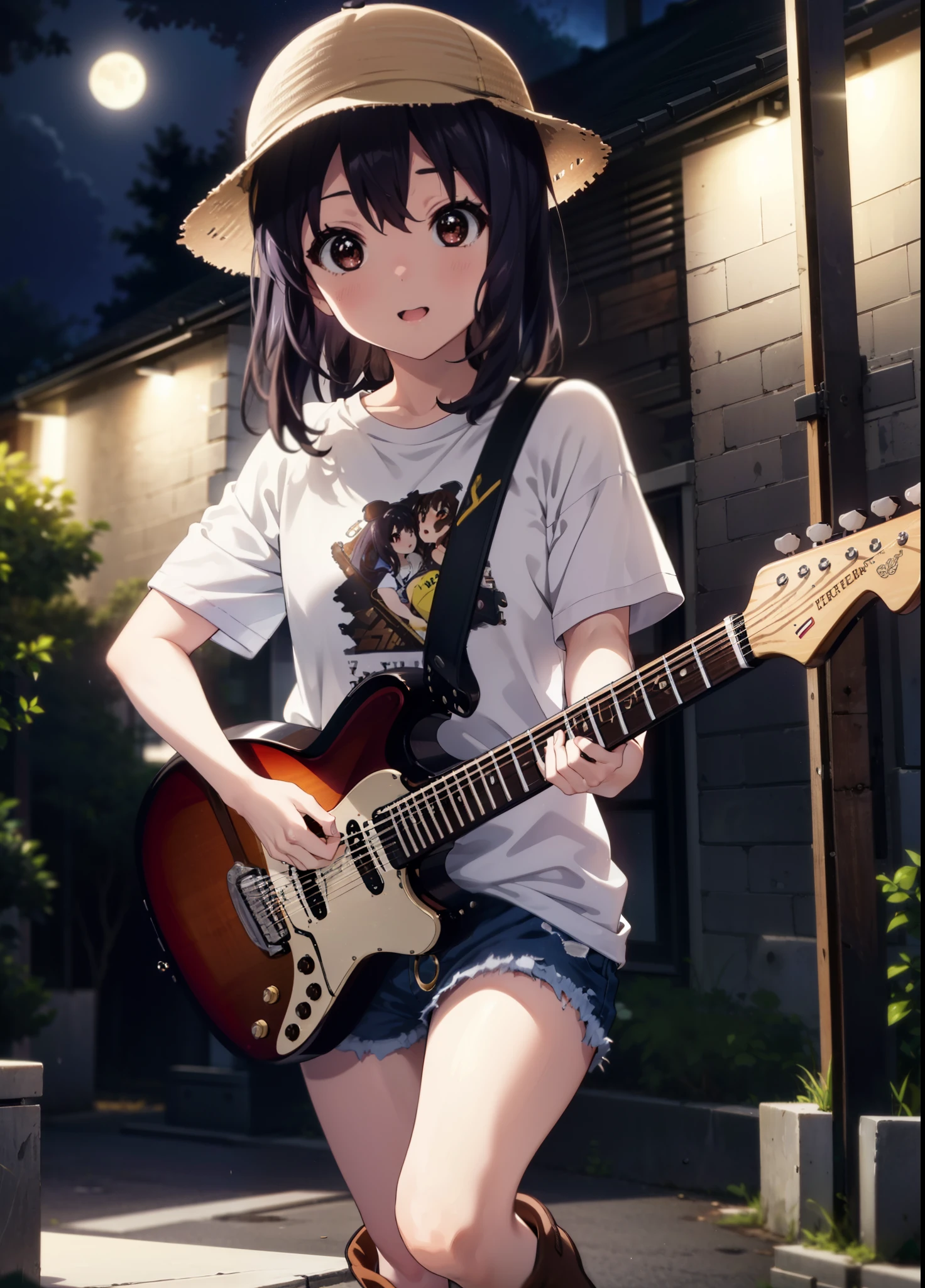 meet, Azusa Nakano, Black Hair, (Brown eyes:1.5),Long Hair,Baseball hats,Oversized T-shirt,Short sleeve,denim,short boots,Instrument playing, Stage Performance, hot air,Happy atmosphere,スタンドマイクの前でguitarをを弾きながら熱唱,guitar(Red Mustang),On the forehead,Singing with your mouth open,smile,Street Performance,night,moonlight,whole bodyがイラストに入るように,
break outdoors, Building district,
break looking at viewer, whole body,
break (masterpiece:1.2), Highest quality, High resolution, unity 8k wallpaper, (figure:0.8), (Beautiful attention to detail:1.6), Highly detailed face, Perfect lighting, Highly detailed CG, (Perfect hands, Perfect Anatomy),