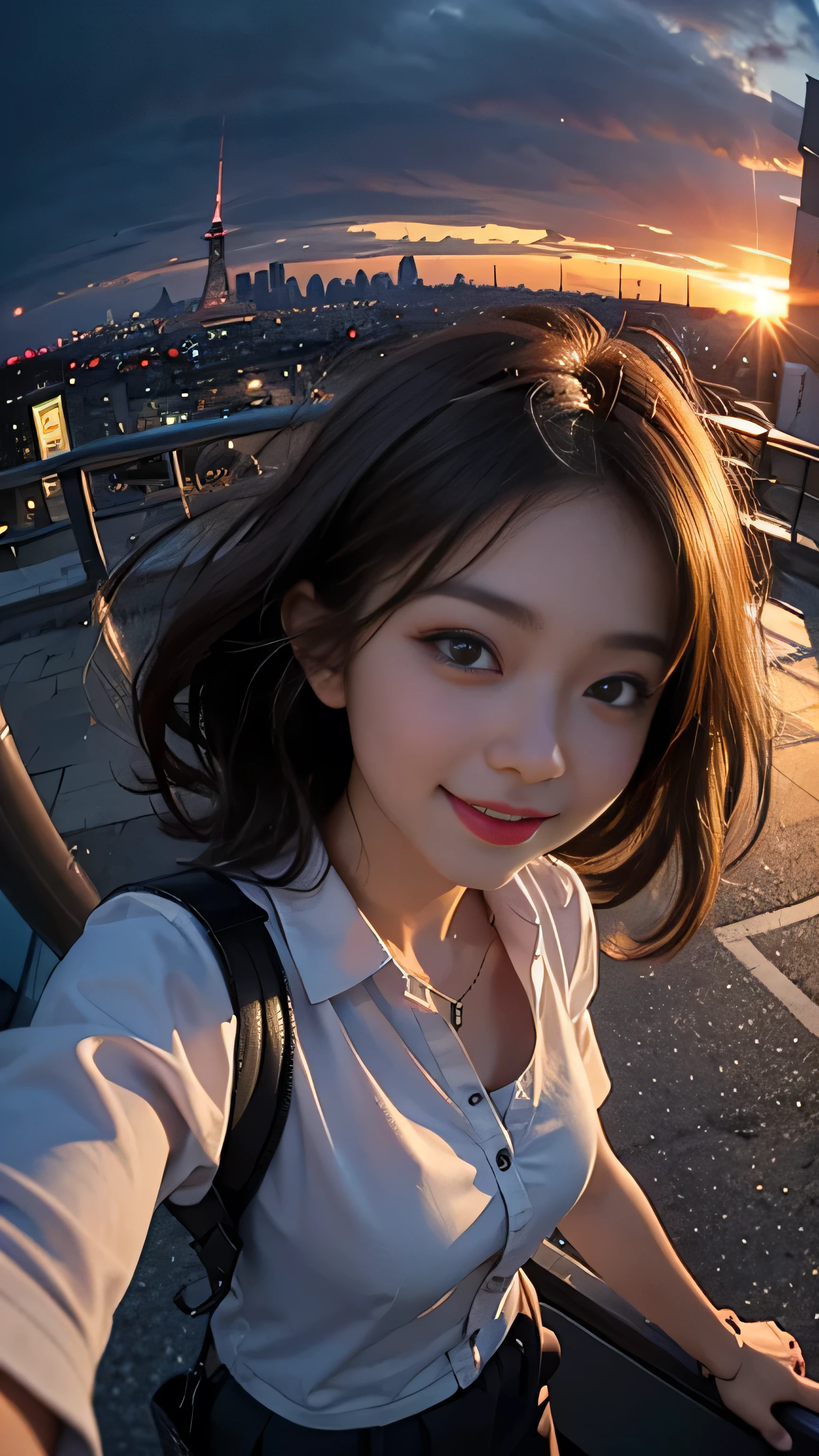 One person, Korean, Fisheye Lens, Selfie, Wind, Messy Hair, sunset, Cityscape, (Aesthetics and atmosphere:1.2),smile
