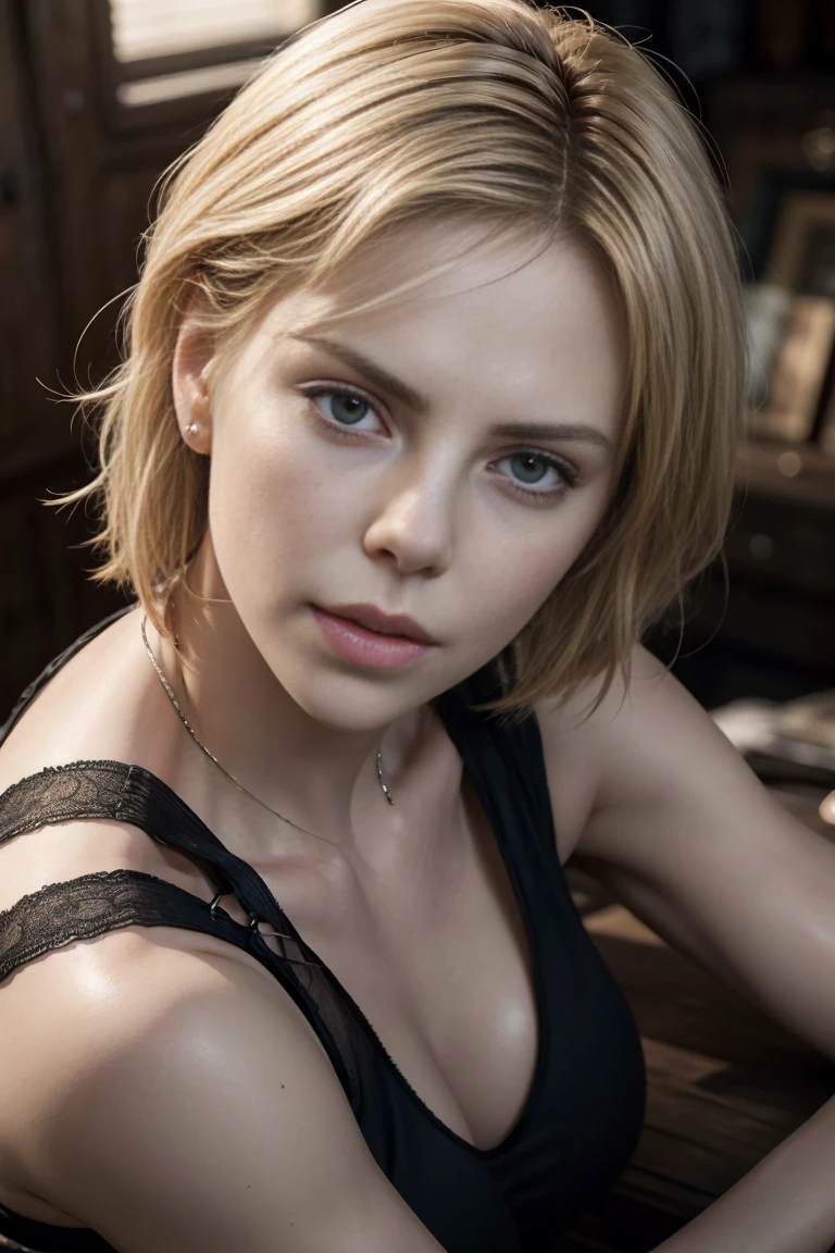 Charlize Theron has an extremely detailed appearance, Extra detailed face, realistic photo, high detail eyes, Charlize Theron como Laura Croft