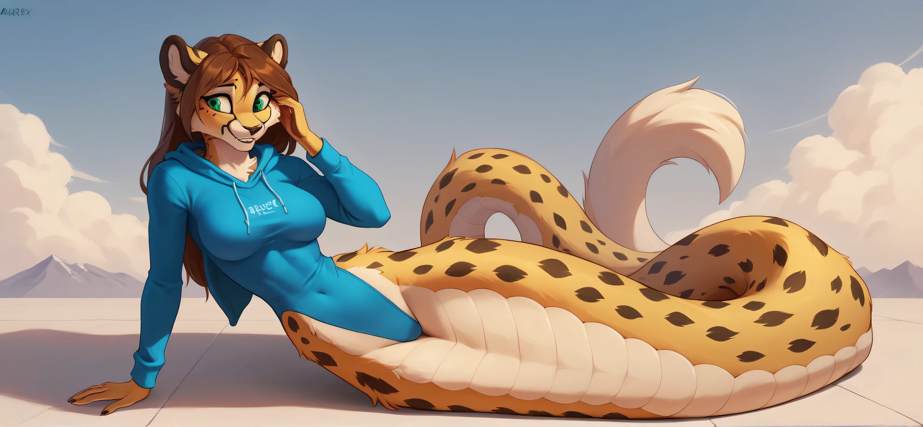 Embarrased expression, covering face, score_9,score_8_up,score_7_up,(fluffy anthro furry :1.3),  Best quality,best resolution,(fluffy anthro fluffy :1.3), (Solo) anthropomorphic furry female cheetah, buxom breasts, long brown hair, green eyes, slithering down a mountain with friends, , perfect hips, aesthetics of the female body, very noticeable relief of the body and hips and legs, top view, shes very tall, blue genitalia, hoodie leotard, lamia , smiling