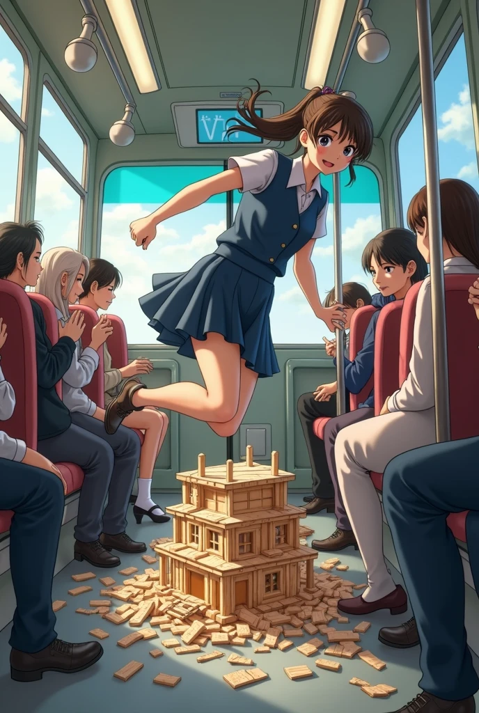 High school girl in uniform with hair in ponytail falls on top of lady in bus and her toothpick house breaks into pieces