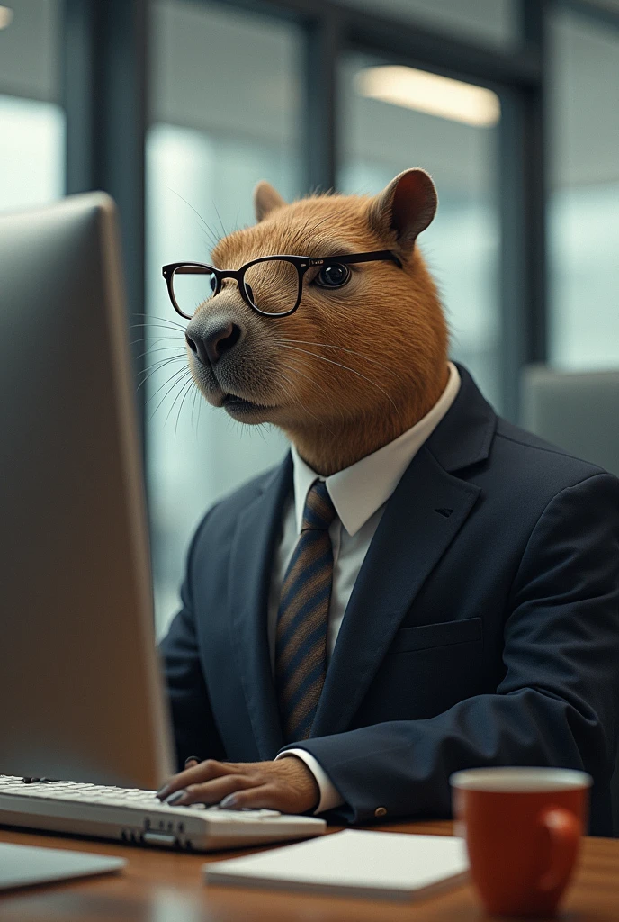 Capebara coding a computer, Capebara wear suit and wear glasses