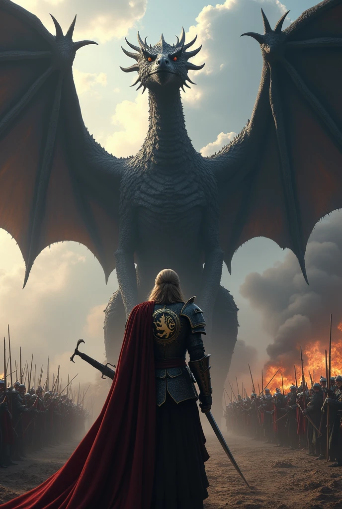 Create a detailed image of Aegon Targaryen on the battlefield and with his fire-breathing black dragon flying in the sky