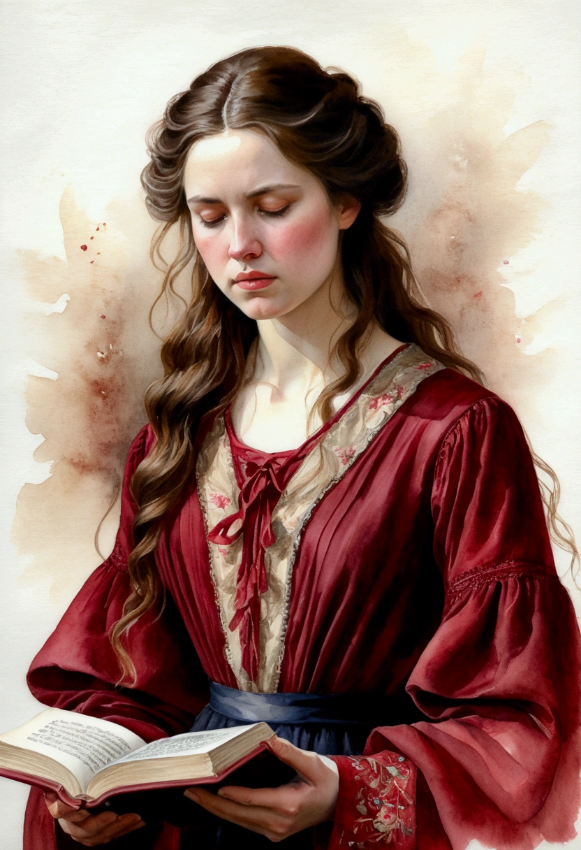A soft and detailed ultra realistic watercolor portrait depicting a young woman with long, wavy brown hair cascading over her shoulders, positioned slightly right of center. She wears a crimson blouse with intricate floral embroidery and a loose-fitting crimson nightgown with ruffled sleeves tied at her waist. Her expression is calm and focused as she looks intently at an open book with aged beige pages held in both hands. The woman's eyes are closed, suggesting deep concentration or contemplation. An ultra realistic, detailed 8K watercolor image