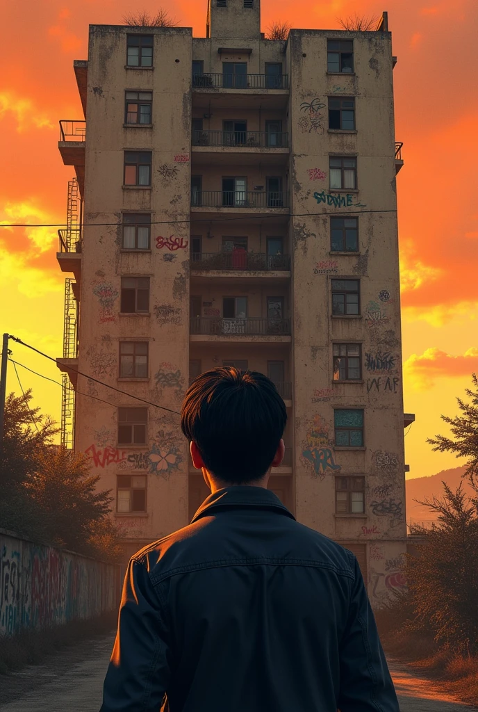 (photorealism:1.2), Black haired man looking back at an abandoned apartment building with graffiti in an orange sunset