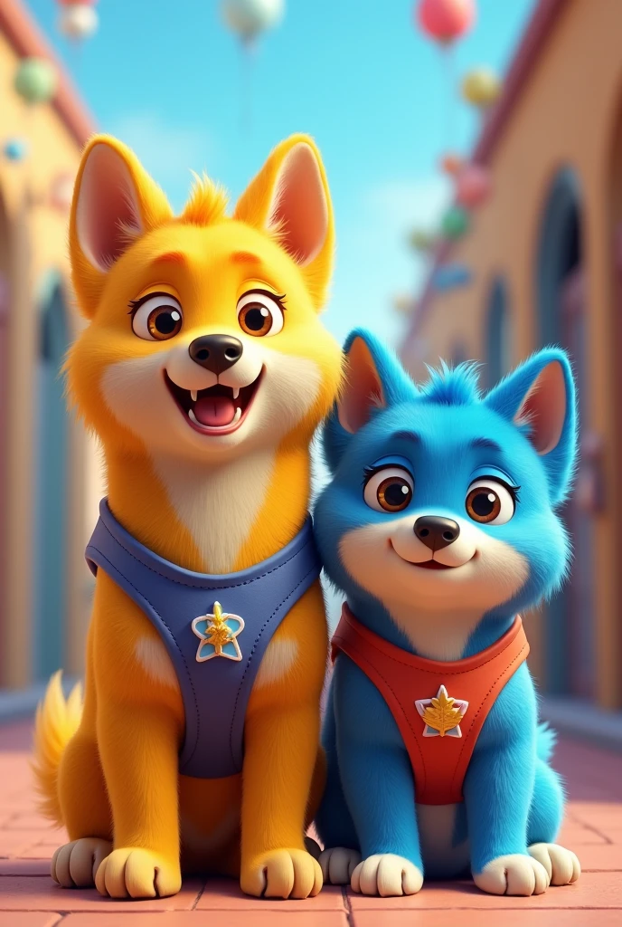 A yellow humanized and furry dog with a blue humanized and furry dog next to him promoting his Youtube and Tiktok channel 