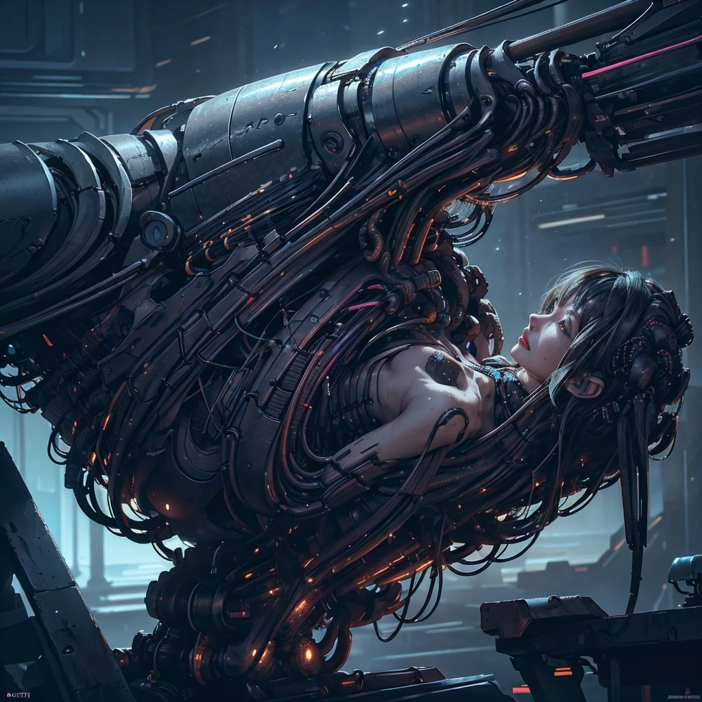 1 mechanical girl,((Ultra Realistic Details)), Portrait, world class illumination, shadow, Octane rendering, 8ก, extra sharp,metal,complicated, detailed jewelry, cool colors, Details of the Egyptians, highly complicated details, realistic light, Trending on CGSociety, glowing eyes, Camera facing, neon details, mechanical limbs,blood vessels connected to pipes,A mechanical spine is attached to the back.,The mechanical ?????? is attached to the neck.,sit,Wires and cables connect to the head.