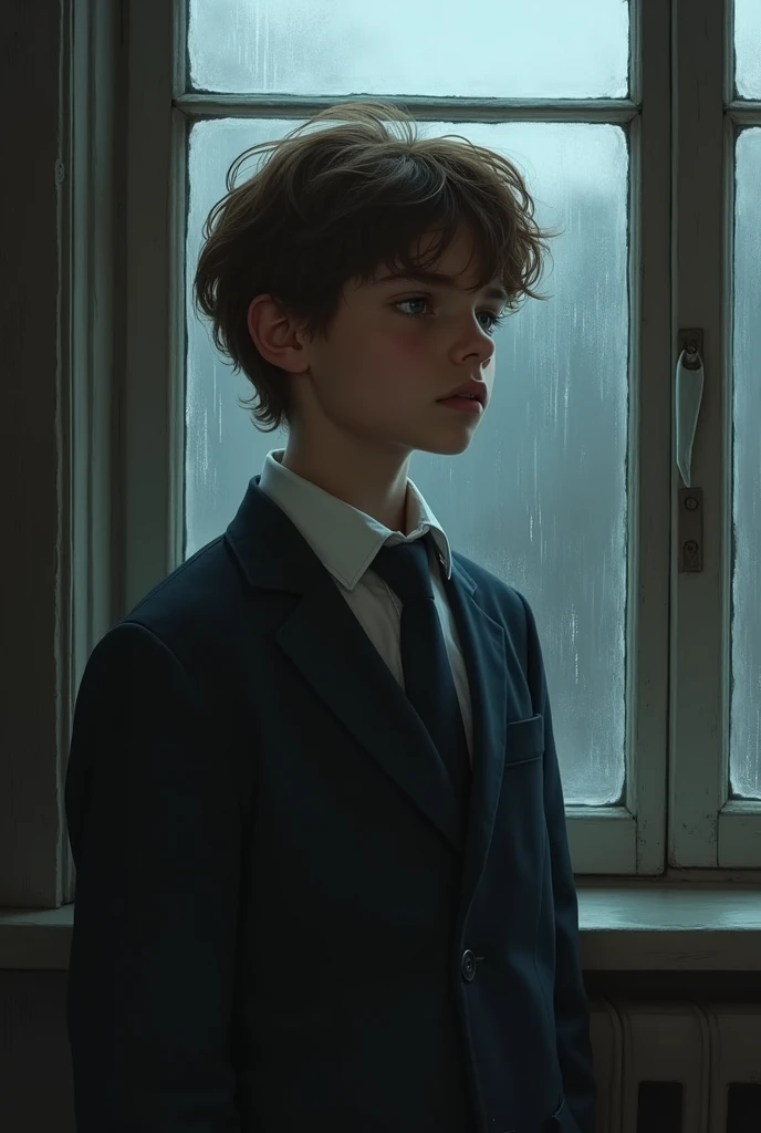 A thirteen year old boy, beautiful, White skin, light brown hair, very sad look, dressed very formally, European traits, in his room next to a window,.with rain outside.