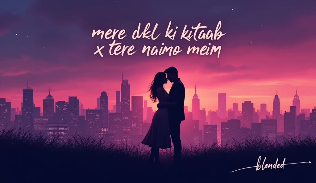 "A cinematic cityscape with a starry night sky in shades of deep purple and pink. The city skyline is silhouetted with tall buildings, bathed in a soft pink glow, resembling a romantic evening scene. In the foreground, a couple is silhouetted against the skyline, embracing intimately. The text 'Mere Dil ki kitaab x Tere Naino Mein' is written in elegant script above them, and 'Blended' is below in a handwritten style. The overall mood is romantic and dreamy."