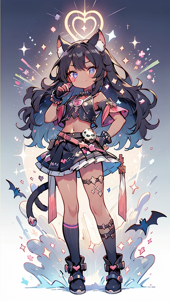 (masterpiece, Highest quality, detailed:1.3),(photograph:1.3), HD transparent background, Attention to detail,cute,One Girl, cute expression, smile,、Hair down、Black hair, cat ears, cat tail, small oni horns, Sparkling eyes,The audience watching,(small),smile, reference sheet, Character Design, (bat wing accessories),(black clothes), purple accsnts, blue accents,brown skin, Hair, magical girl, Delinquent, heart Accessories, skull accessories,Detailed background of a magical forest, bratty, goth, crop top, skirt, punk, fingerless gloves