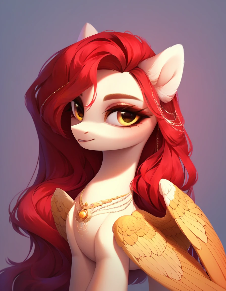 (work of art, Maximum quality, best qualityer, offcial art, beautiful and aesthetic:1.2), A pony with a long red mane, long straight red hair, Caucasian skin, gold eyes, pegasus wings.