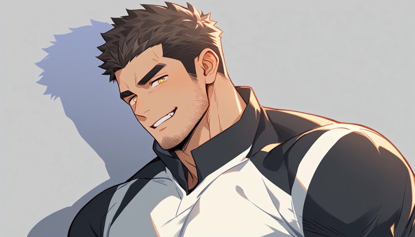 anime characters：Gyee Chris Redfield, Muscle Sports Student, negro black skin, 1 dark skin muscular tough guy, Manliness, male focus, Light yellow high collar long sleeve tight T-shirt, Slightly transparent material, Very tight, Round, full and perky chest muscles, Slightly transparent, muscular male, muscular, only, Upper body, alone, Black short hair, Thick eyebrows, stubble, Yellow eyes, Grey background, simple background, amazing quality, best aesthetics, Ridiculous, bright pupils, crew cut, parted lips, seductive smile, torogao, naughty face, moaning, drop shadow, best quality