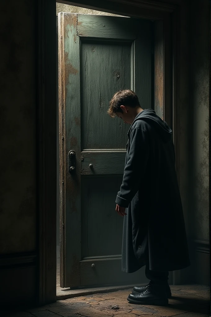 A close-up of a large, wooden, antique door slowly creaking open as one of the young men pushes it with a cautious hand, revealing a dark and mysterious interior.