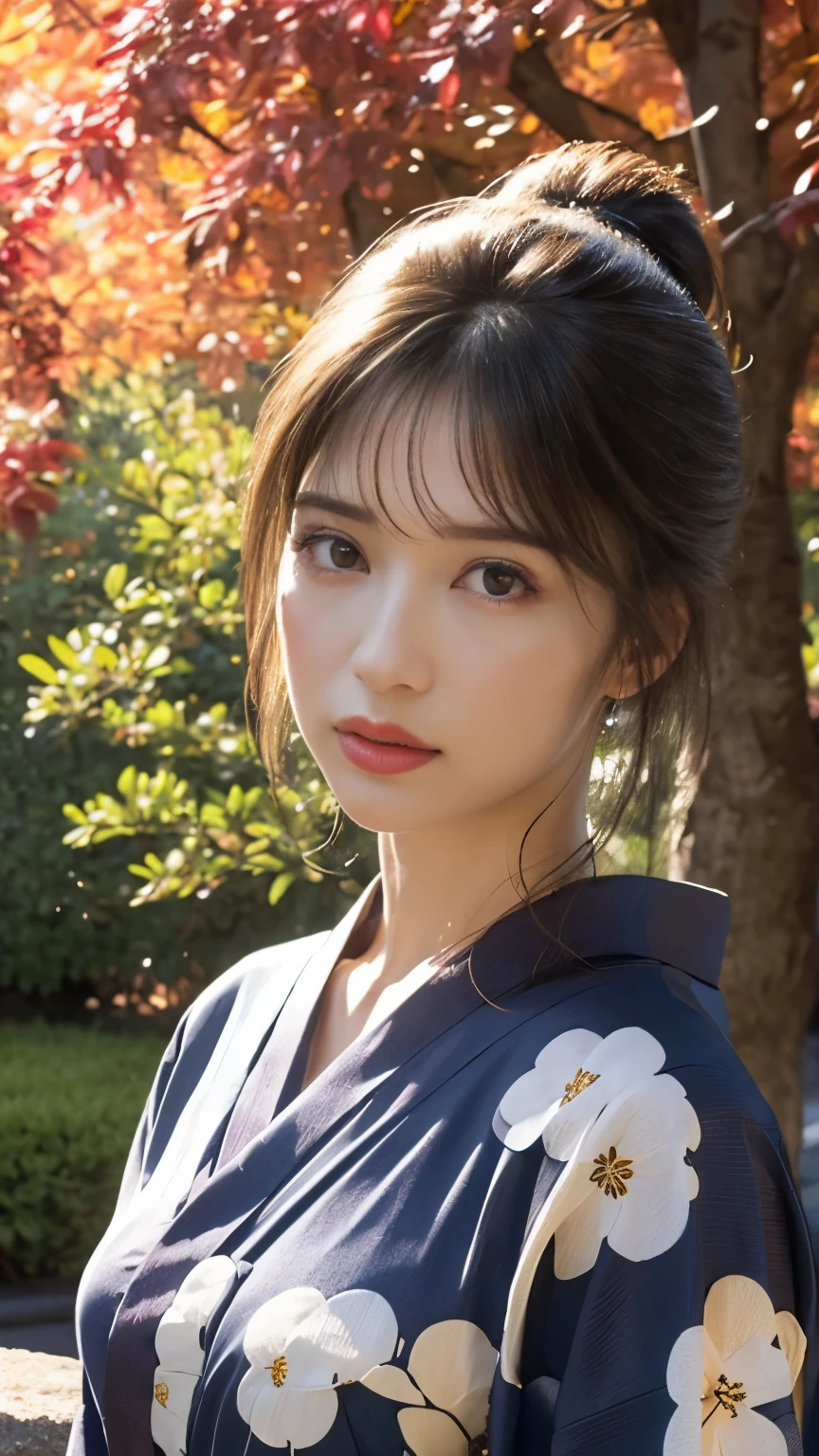 (8k, Top quality, Masterpiece:1,2), (Realistic, Photorealistic:1. 37), Super-detailed, One girl,), (Highly detailed), (Detailed and beautiful eyes), (Top quality), (Super-detailed), (Masterpiece), (Detailed face), Female ((1)), Summer season, Hair ((Black, wavy, length)), Eyes ((Black, big eyes))), clothes ((yukata made of thin summer fabric, large slits, colourful yukata kimono, colourful patterns)), emma(axi), kimono, kimono, very long hair, straight black hair, haori, summer garden in Kyoto in background