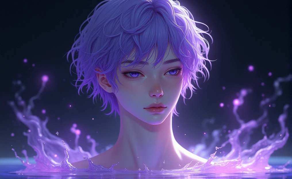 Shows a young man with delicate AND androgynous features. The man has pale and smooth skin, with a serene and dreamy expression. His eyes are watching at us an intense and bright blue, with a look that seems lost in deep thoughts. The young man hair is short, flowing, and a bright purple that appears to be made of liquid light. It is soaked and falls in clumps that blend into the background, giving a sense of movement and fluidity. There is an ethereal lighting effect surrounding the young man. Flashes of purple and white light spread across the image, as if the person is surrounded by water or some kind of magical energy. Light reflections on the skin and hair reinforce this feeling that the boy is made of a liquid or crystalline material. The background is dark, which makes the light effects stand out even more. There is a play of light and shadow that adds depth and mystery to the scene. The style is very detailed and realistic, with a fantastic touch. The use of cool colors and lighting effects creates a dreamy and otherworldly atmosphere.