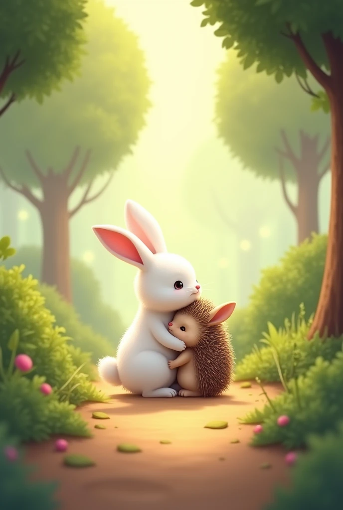 Generate Full HD images of A The image is a digital illustration of a white rabbit and a hedgehog in a forest. The rabbit is standing on a dirt path with trees and bushes on either side. The hedgehog is standing in front of the rabbit, with its head resting on the rabbit's back. The background is blurred, but it appears to be a sunny day with sunlight shining through the trees. The overall mood of the image is peaceful and serene.
