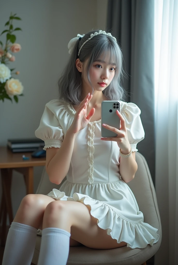 highly detailed, beautiful, hyper Realistic girl, masterpiece, best quality, Depict a mysterious and sophisticated beautiful Japanese gravure woman, 24-years-old, identity hidden, all body shot, /// wearing a perfect Pierrot costume, white theme, stripe Knee-high socks, zettai ryouiki,/// gray arranged hair, small head, Detailed face, cute and Pretty slim face, Duck mouth, perfect beautiful Tooth, arranged gray hair, shiny eyes, blue-colored eyes, Realistic skin, Detailed face, /// Monotone simple modern taste single room, mirror, complicated background /// takes a selfie in her room using a smartphone in front of a mirror with one hand, sitting and fashion model Posing, looking away from the camera,
