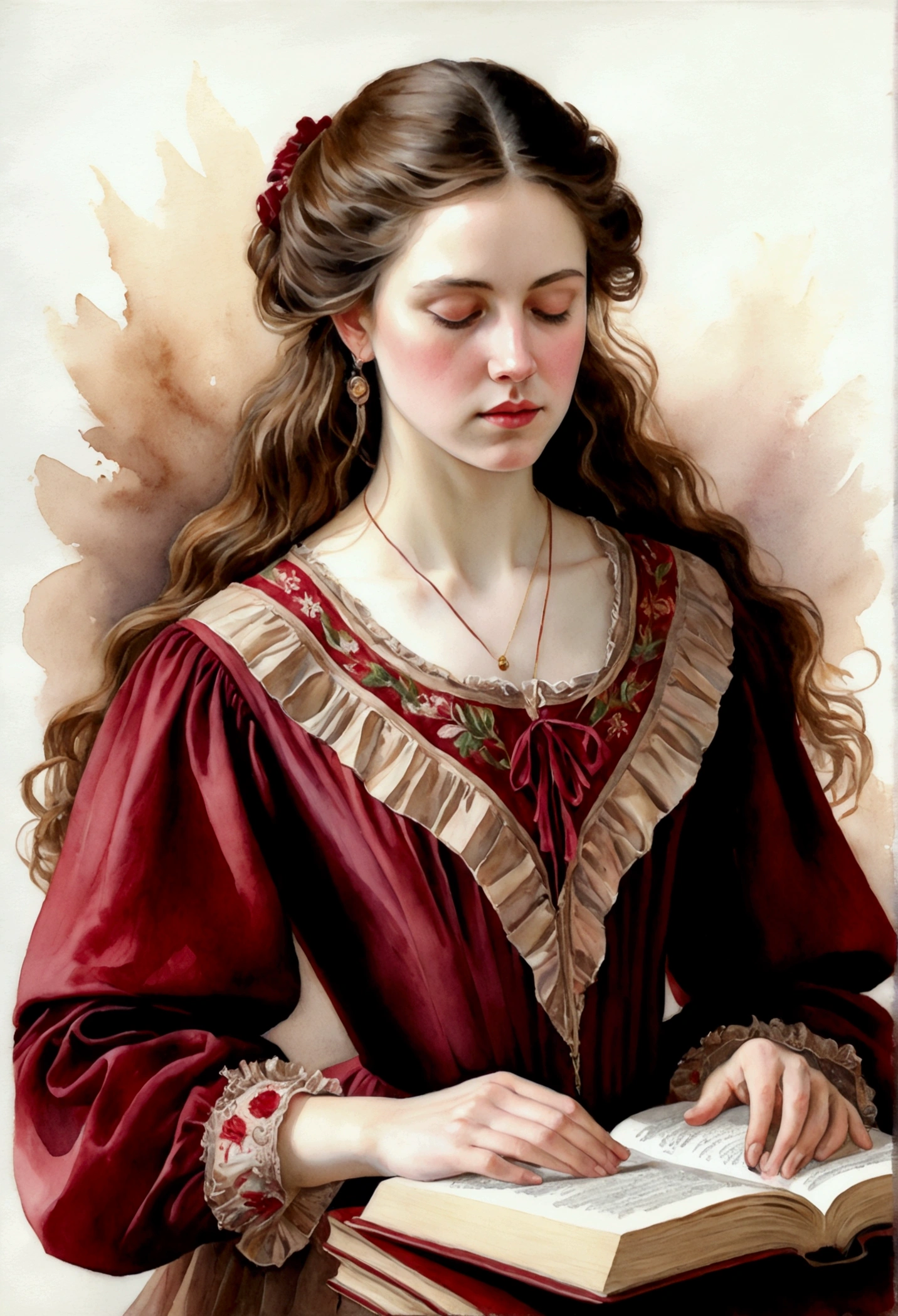 A soft and detailed ultra realistic watercolor portrait depicting a young woman with long, wavy brown hair cascading over her shoulders, positioned slightly right of center. She wears a crimson blouse with intricate floral embroidery and a loose-fitting crimson nightgown with ruffled sleeves tied at her waist. Her expression is calm and focused as she looks intently at an open book with aged beige pages held in both hands. The woman's eyes are closed, suggesting deep concentration or contemplation. An ultra realistic, detailed 8K watercolor image