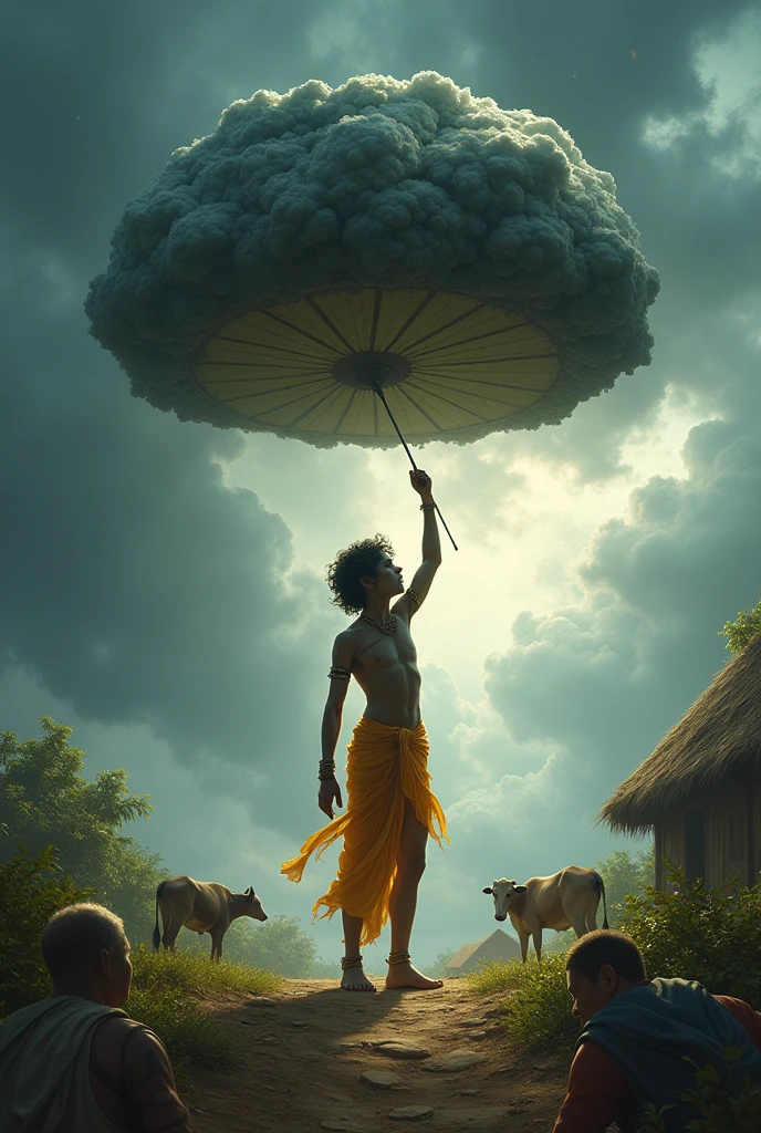 "To protect them, Krishna displayed his divine power by effortlessly lifting the massive Govardhan Hill with his little finger, creating a giant umbrella."
A powerful scene depicting young Krishna, with a serene and divine expression, effortlessly lifting the huge Govardhan Hill with his little finger. The hill is held aloft like a giant umbrella, sheltering the villagers and their cattle underneath from the raging storm above.