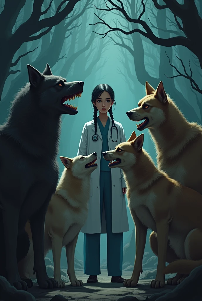 A angry dogs talk to ledy doctor in dark forest