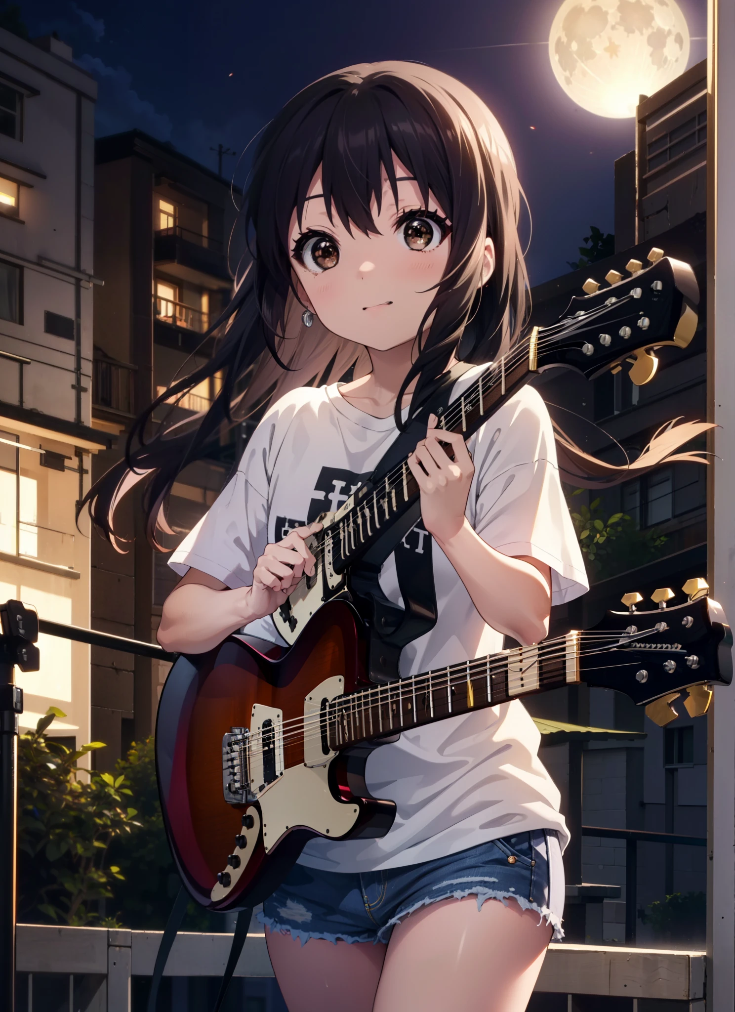meet, Azusa Nakano, Black Hair, (Brown eyes:1.5),Long Hair,hair band,Oversized T-shirt,Short sleeve,denim,short boots,Instrument playing, Stage Performance, hot air,Happy atmosphere,スタンドマイクの前でguitarをを弾きながら熱唱,guitar(Red Mustang),On the forehead,Singing with your mouth open,smile,Street Performance,night,moonlight,whole bodyがイラストに入るように,
break outdoors, Building district,
break looking at viewer, whole body,
break (masterpiece:1.2), Highest quality, High resolution, unity 8k wallpaper, (figure:0.8), (Beautiful attention to detail:1.6), Highly detailed face, Perfect lighting, Highly detailed CG, (Perfect hands, Perfect Anatomy),