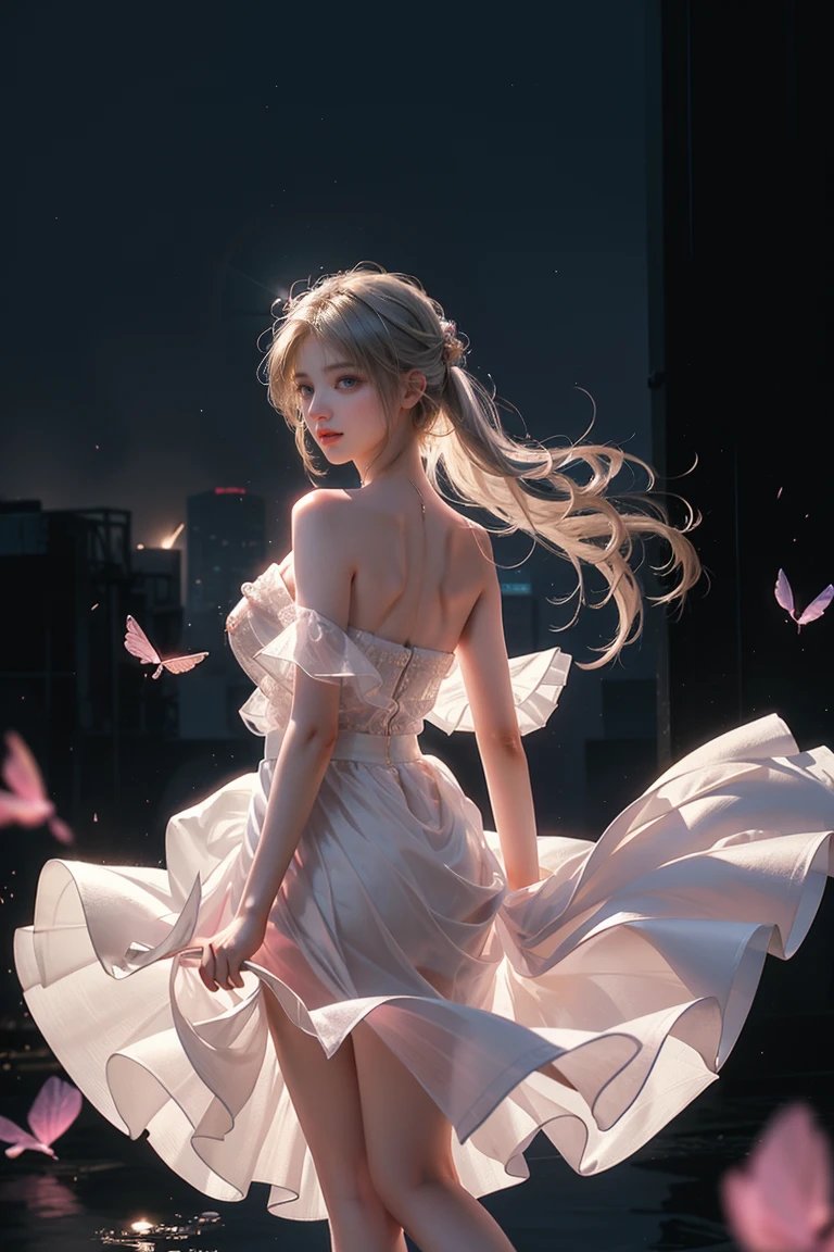 ((New York Cityscape))、Highest quality、masterpiece、超High resolution、reality、Portrait、Elegant mature woman、blue eyes、Long Hair、Side bangs、(Translucent pink dress、mini skirt)、4K resolution、High-quality CG、Feminine pose、Fair、(The wind blows up my skirt),(Lace panties are visible),Fluorescent color、One Girl、Turn to the side、Beautiful Face、Beautiful Eyes、(大きなblue eyes)(肩からDown:1.Down:1、2)、(Golden white hair)、Shiny Hair、Glowing Skin、Reduce glare、Finger ratio adjustment、eyebrow、Ass POV、Dynamic Angle、(Master Parts)、(Highest quality)、(Ultra detail)、(An illustration)、(Detailed light)、(Very delicate and beautiful)、Dramatic Shadows、Ray Tracing、reflection、超High resolution、(Master Parts)、(Highest quality)、(Ultra detail)、(An illustration)、(Detailed light)、(Very delicate and beautiful)、(Dramatic Shadows)、Ray Tracing、reflection、超High resolution High resolution、(Master Parts)、(Highest quality)、(Ultra HD)。 High resolution、((Colorful hair and mesh))、Her hair flutters in the wind、(big deep blue eyes)、Golden white hair、haired woman、Sparkling Butterfly、Sparkling Butterfly、黒haired woman、Points of light around the woman、Magical Aura、Green dot、The nature of the aura、Magical Aura黒haired woman、((Translucent red one-shoulder dress:1. 3)、(Sleeveless)、((The skirt is fluttering in the wind))、