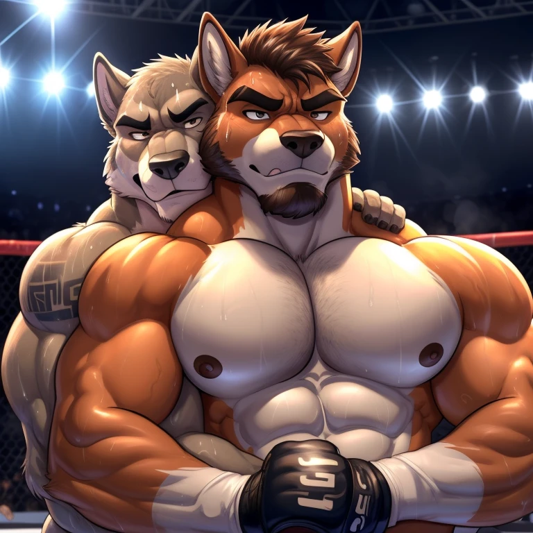 Duo male(Brown Dog vs Gray wolf), handsomes(handsome hairstyle, Thick eyebrows, detailed face), gay(cuddling embraced from behind, cuddling heads, body with body, on a UFC match), hot(Shirtless), handsomes(They are handsomes, correct anatomy), musculosos(Big muscle bodies, Six packs, muscle abs, big pecs), sweaty(very sweaty wet bodies, shiny sweat), tatuajes(they have tattoos), grumpy(Both have an grumpy expression, grumpy teeths, steaming breath), UFC gloves(They both are wearing UFC gloves), Hight resolution, by(Zourik:1.1)