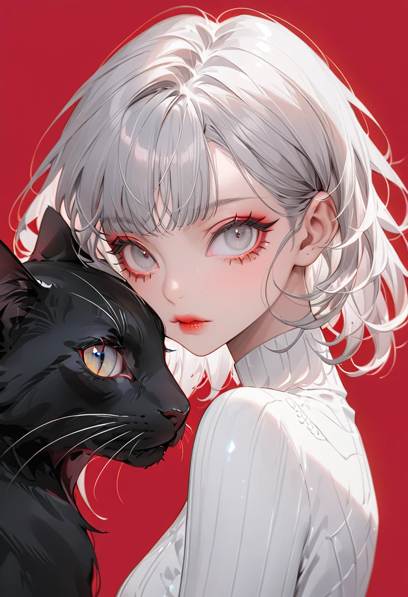 Crimson Background,(Highest quality,Very detailed,High resolution:1.2),1 slim albino girl,Giant black cat1Animals,Gray-haired berry shorthair,gray bangs,very_Long eyelashes, Detailed lips, Cool look, Soft Skin, Shiny Hair,Exquisite makeup,