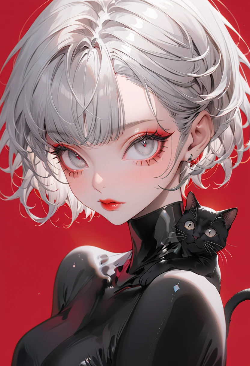 Crimson Background，(Highest quality,Very detailed,High resolution:1.2),1 slim albino girl，Giant black cat１Animals，Gray-haired berry shorthair,gray bangs，very_Long eyelashes, Detailed lips, Cool look, Soft Skin, Shiny Hair,Exquisite makeup, 