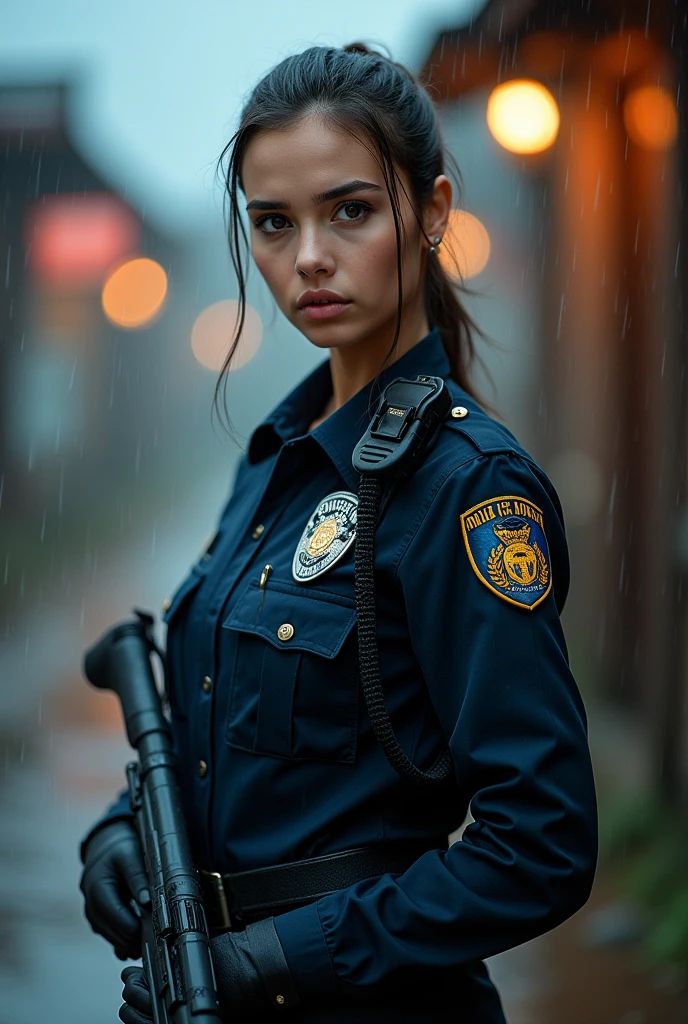 photography of 1 stunning 23 year old, wearing a police uniform, hair tied, outside with a rain, portrait picture, serious, looking into camera, spectacular dark lighting, gorgeous, ), photoshoot, western, (masterpiece), best quality, high resolution, extremely detailed background, skin with pores,, cinematic lighting Completed With a whole body holding a police