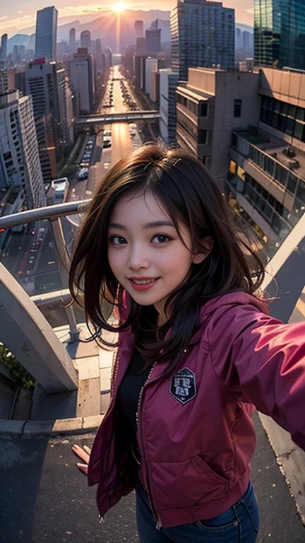 One person, Korean, Fisheye Lens, Selfie, Wind, Messy Hair, sunset, Cityscape, (Aesthetics and atmosphere:1.2),smile