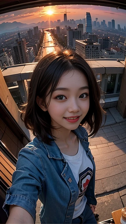 One person, Korean, Fisheye Lens, Selfie, Wind, Messy Hair, sunset, Cityscape, (Aesthetics and atmosphere:1.2),smile