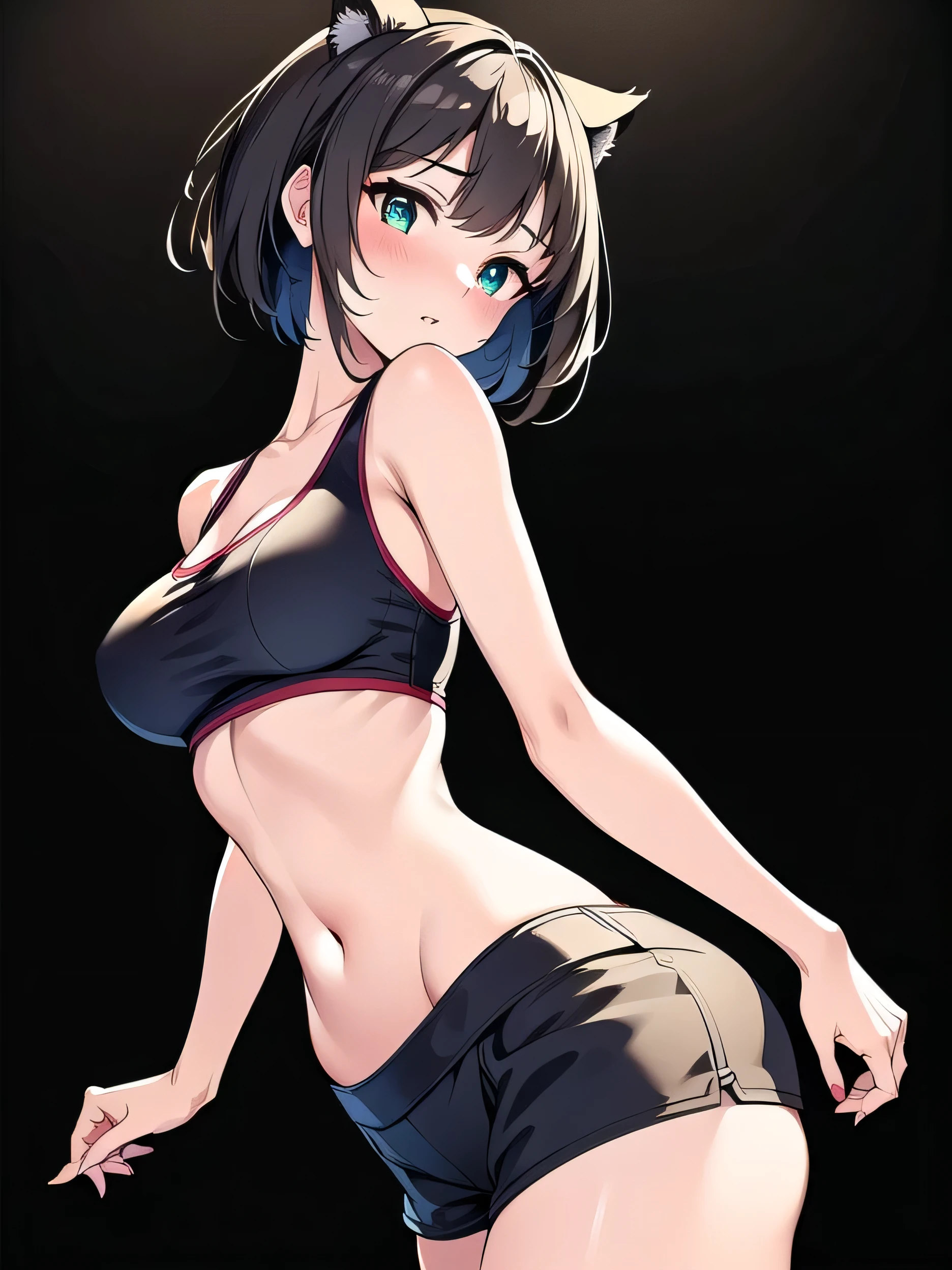 all intricate details, woman, kitten pose, cat ears, short hair, perfect hands, perfect fingers, perfect body, sensual cleavage, medium breasts, red shirt, wearing tight black shorts, sexy shorts, vinyl shorts, Ultra HD, image 4k, best image quality, (fidelity: 1.4), photoreal, light green eyes, eyelashes, beautiful pupil, shadows, slight blush, delicate facial features, reasonable facial features, exposed waist, natural sexy pose, random front angle, all black background