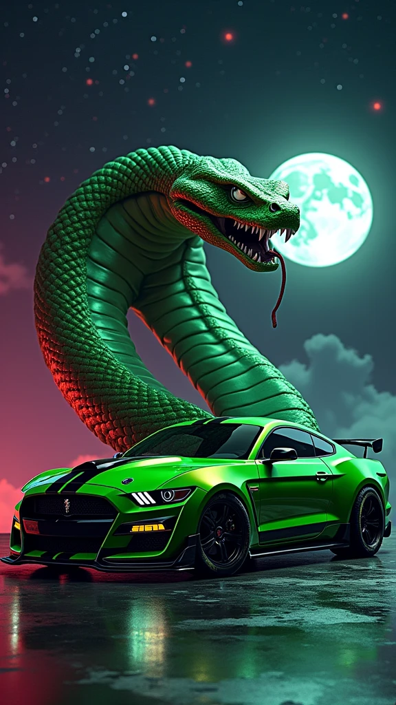 A stunning 3D rendering of a modified green and black Ford Mustang Shelby GT500 Supersnake car, parked in front of a majestic, giant multicolored green cobra. The Mustang's gleaming body captures the moonlight, while the cobra's vibrant emerald scales stand out against the dark, starry night sky. The background reveals a cosmic expanse filled with red and purple hues, adding a sense of mystery and power to the scene. This vibrant image is perfect for a poster or a high-resolution photo., photo, poster, 3d render, vibrant