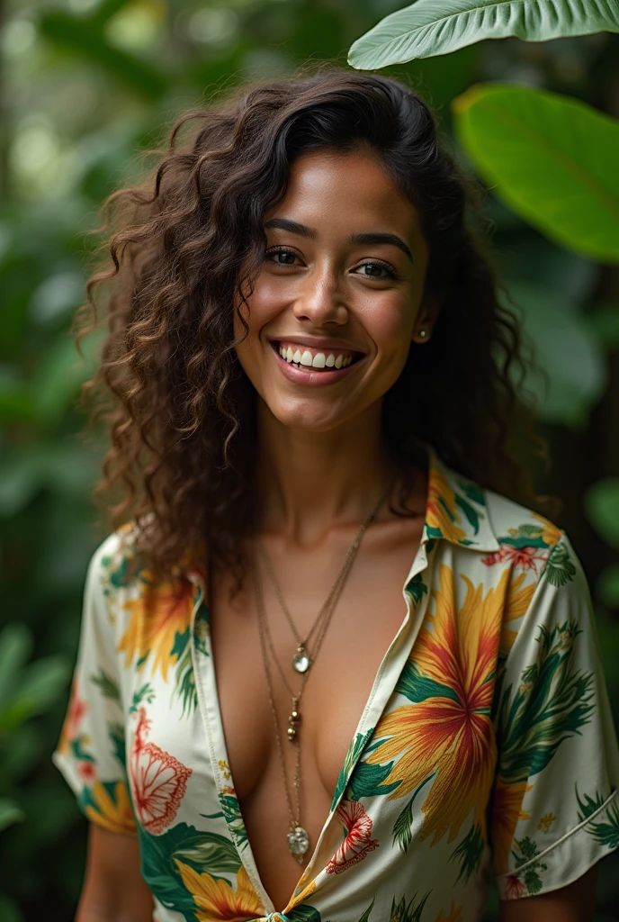A Brazilian woman in a lush tropical garden, wearing an open shirt with a floral print, with a close-up capturing the harmonious beauty between her breasts and the natural flowers, showing off your natural charm and outgoing personality.