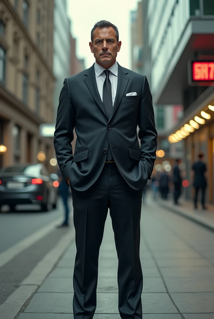 make me a prompt of a CEO outside of his company with complete body hands face and foot side view or front view whole body 