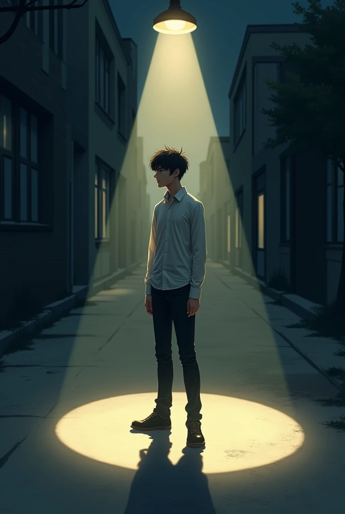 A boy standing under a lamppost..his shadow is seen. He is tall looking attractive