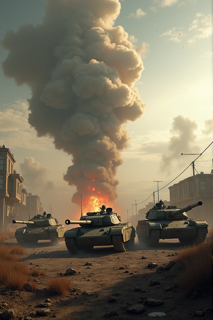 Create a dramatic battlefield scene with military vehicles, such as tanks and armored personnel carriers, in the foreground. Show an explosion happening in the background, with smoke and debris flying into the air. The environment should have a war-torn landscape with damaged buildings, dirt, and rubble, all under a cloudy sky with a sense of intensity and action.