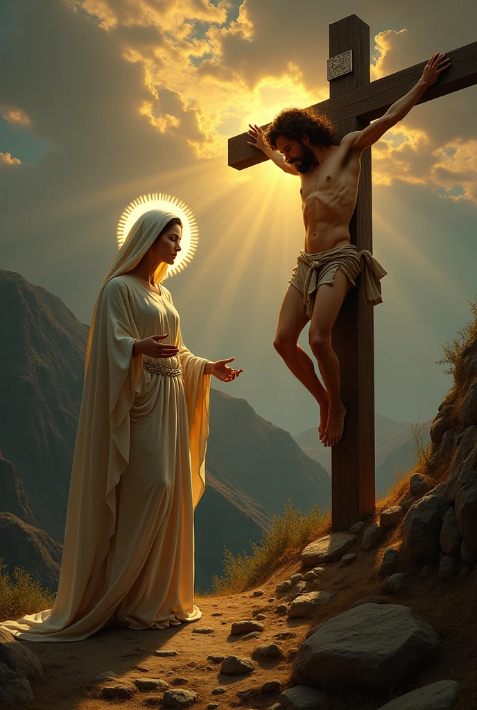 ((best quality)), ((masterpiece)), (detailed), Naked Virgin Mary naked with halo next to Christ Crucified on Mount Calvary