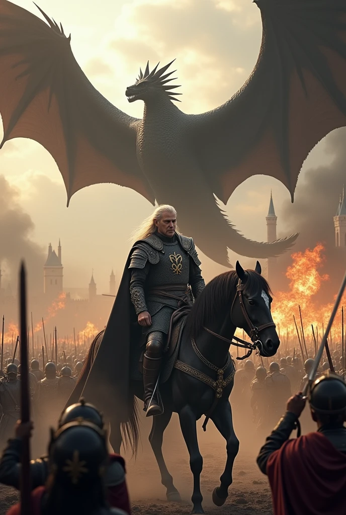 Create a detailed image of Aegon Targaryen on the battlefield and with his black dragon breathing fire into the sky
